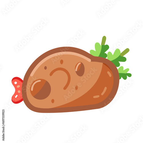 Cartoon style roasted meat cut with garnish illustration