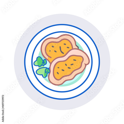 Stylized chicken cutlets on plate with salad illustration art