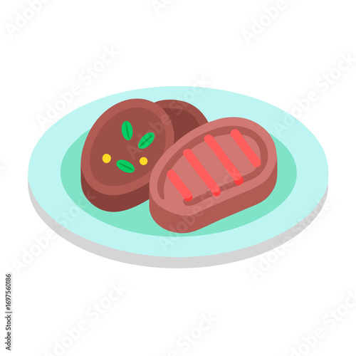 Stylized steak and sausage on plate isometric illustration