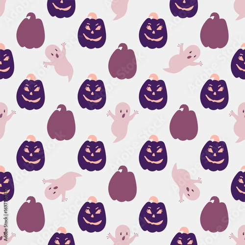 Seamless vector pattern featuring festive holiday pumpkins and ghosts.