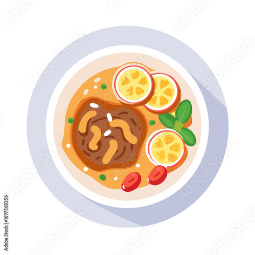 Overhead flat lay of delicious soup garnished with fruit