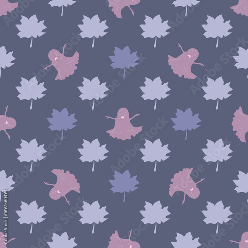 Cute ghost faces and leaves in a seamless Halloween pattern.
