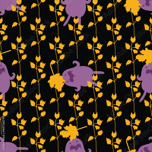 Decorative seamless textile pattern of fall leaves and ghosts.