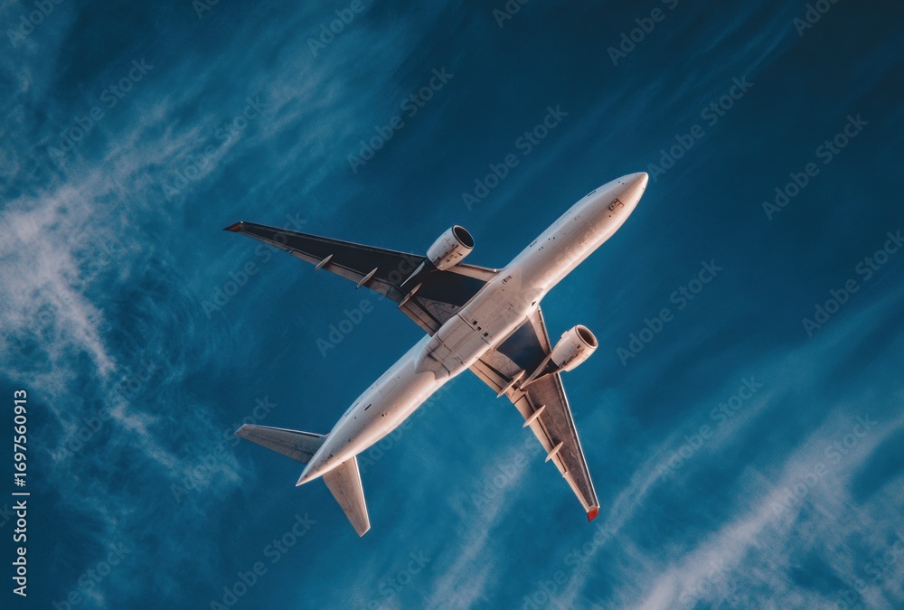 Fototapeta premium Low angle shot of an airplane flying through a partly cloudy sky with vapor trails behind it, bright sky, light