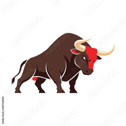 Powerful brown bull with red face and white horns illustration