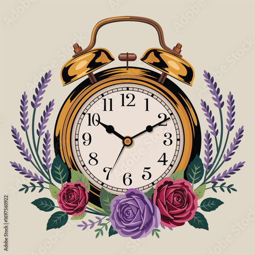 Elegant Alarm Clock Surrounded by Lavender and Roses Time Management Concept Decor and Design Illustration