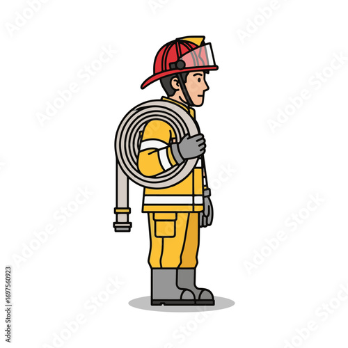 Cartoon firefighter carrying a coiled fire hose, side profile on white background.