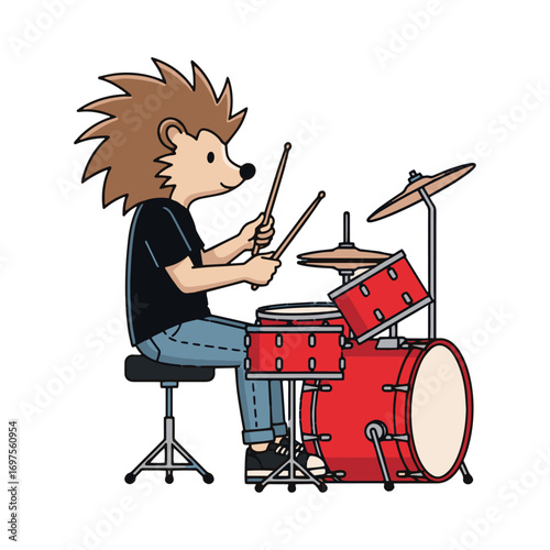Cute cartoon hedgehog playing a red drum set with drumsticks