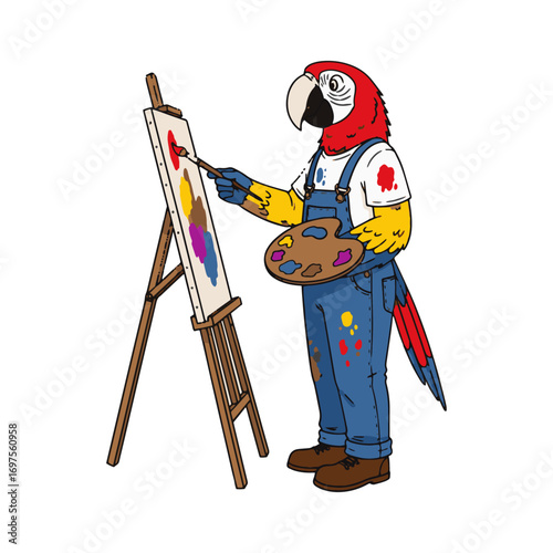 Cartoon parrot artist painting on an easel with colorful paints
