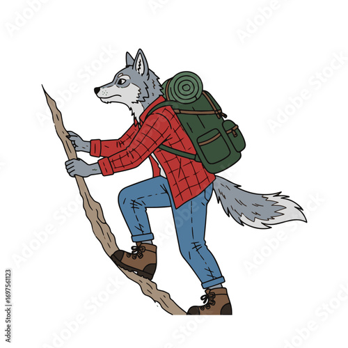 Cartoon Wolf Hiker Climbing with Backpack and Stick