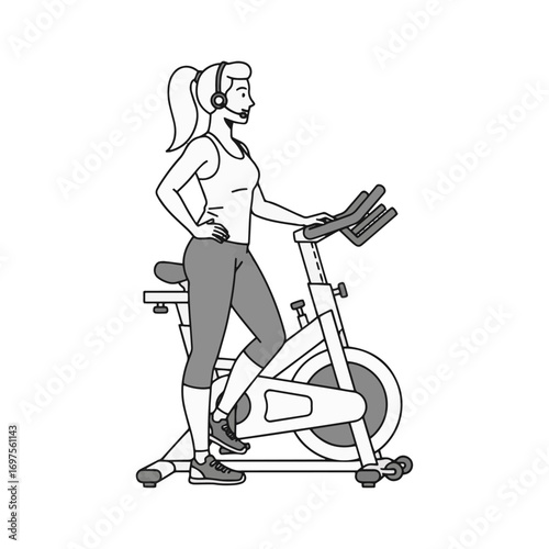 Female fitness instructor on stationary bike wearing headset