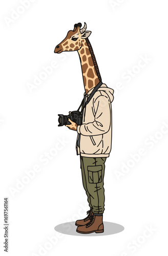 Giraffe Photographer Character with Camera on White Background