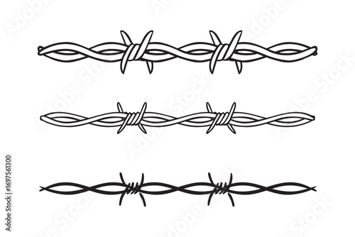 Barbed wire isolated template border. Wire barb fence set. Protection barbed wire silhouette outline clipart