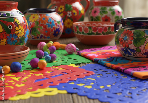 Vibrant Talavera pottery and colorful papel picado create a festive Mexican celebration, evoking warmth, tradition, and joyful gatherings perfect for cultural events and authentic decor.