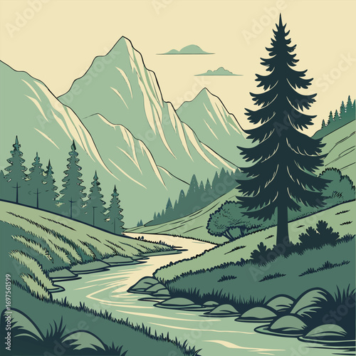 Serene Mountain Landscape with Winding River and Pine Trees