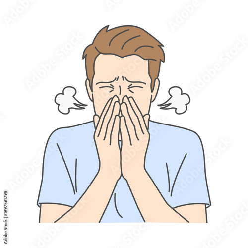 Illustration of a man sneezing with hands covering his face