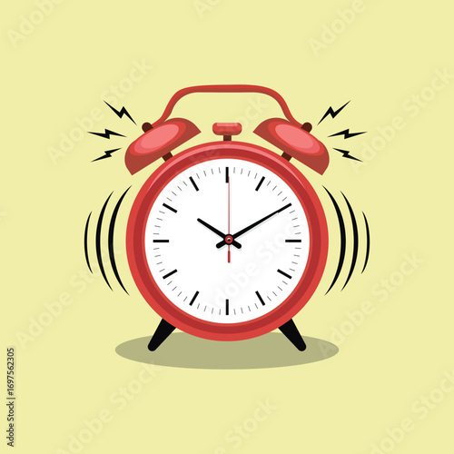 Ringing Red Alarm Clock Illustration with Time Display and Sound Waves Against Pale Yellow Background Depicting Urgency and Deadlines