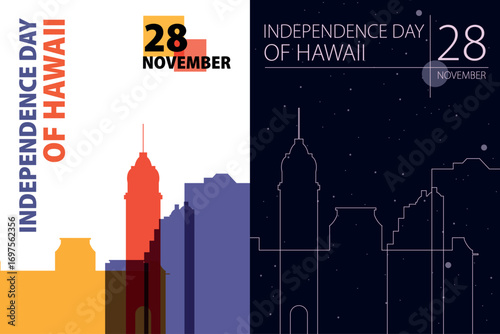 Hawaii Independence Day poster pack. Vector illustrations with USA, Honolulu city skyline and landmarks shape for holiday card, print, event, brochure. Modern template