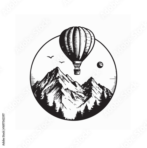 Adventure Flight Over Mount Logo Hot Air Balloon Vector on white background