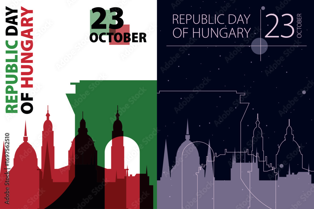 Naklejka premium Hungary Republic Day poster pack. Vector illustrations with Budapest city skyline and landmarks shape for holiday card, print, event, brochure. Modern template