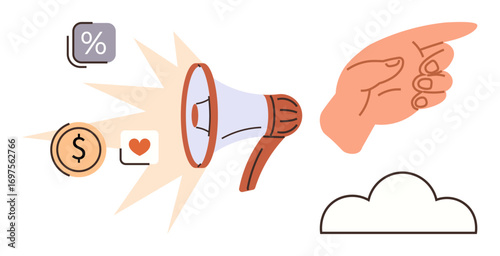 Megaphone amplifying percentage, money, and heart icons next to an extended hand and cloud. Ideal for marketing, communication, advocacy, outreach, engagement, leadership influence simple flat