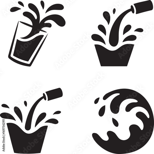 Black & White Vector Splash Illustrations – Stylized Liquid Motion in Drink Glasses 