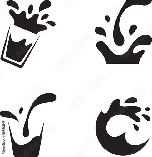Black & White Vector Splash Illustrations – Stylized Liquid Motion in Drink Glasses 