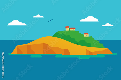 Flat design illustration of a small island with houses and a bird in the sky