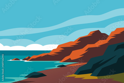 Stylized illustration of a rugged coastline with orange cliffs and turquoise water