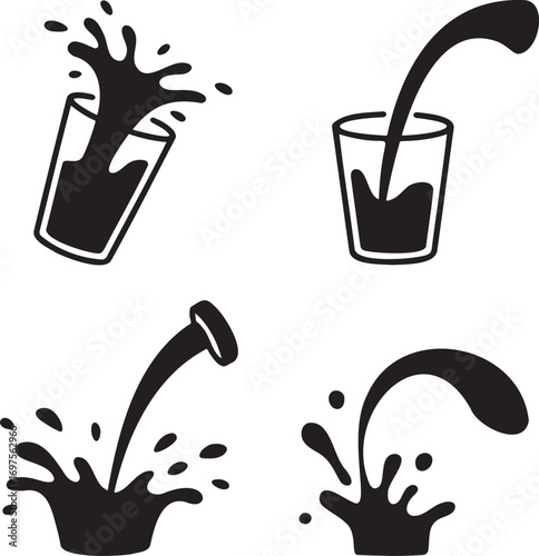 Black & White Vector Splash Illustrations – Stylized Liquid Motion in Drink Glasses 