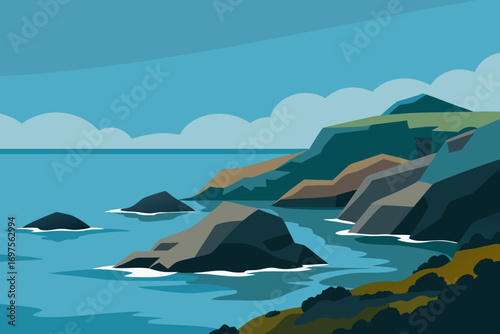 Stylized illustration of a rugged coastline with rocky outcrops and calm blue sea
