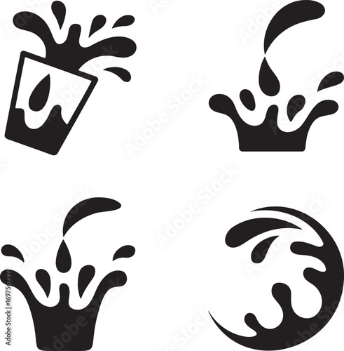 Black & White Vector Splash Illustrations – Stylized Liquid Motion in Drink Glasses 