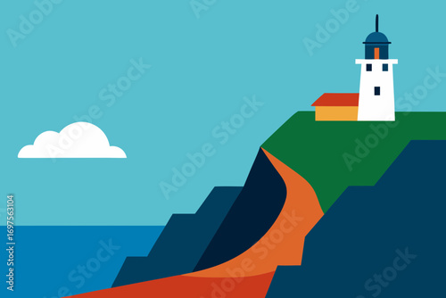 Minimalist lighthouse on a green cliff overlooking the ocean with a single cloud