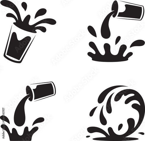 Black & White Vector Splash Illustrations – Stylized Liquid Motion in Drink Glasses 