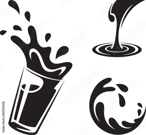 Black & White Vector Splash Illustrations – Stylized Liquid Motion in Drink Glasses 