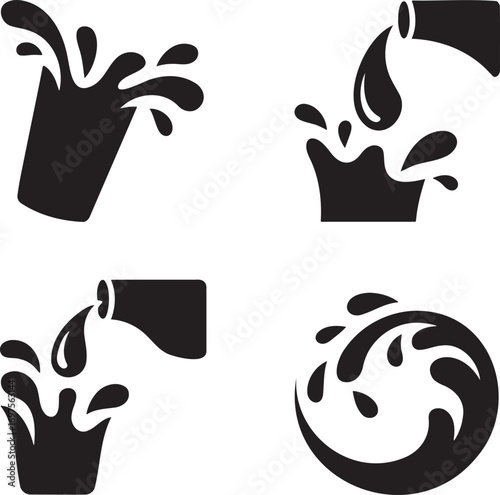 Black & White Vector Splash Illustrations – Stylized Liquid Motion in Drink Glasses 