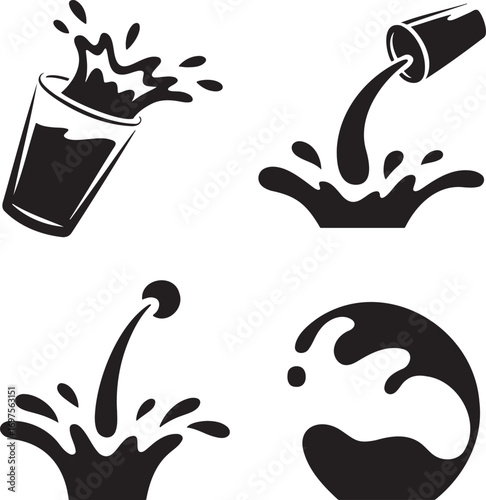Black & White Vector Splash Illustrations – Stylized Liquid Motion in Drink Glasses 