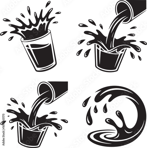 Black & White Vector Splash Illustrations – Stylized Liquid Motion in Drink Glasses 