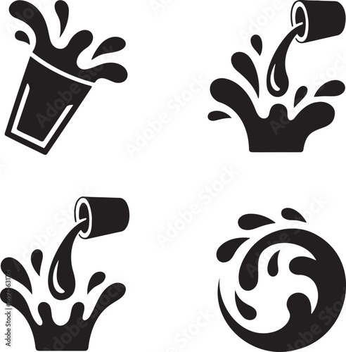 Black & White Vector Splash Illustrations – Stylized Liquid Motion in Drink Glasses 