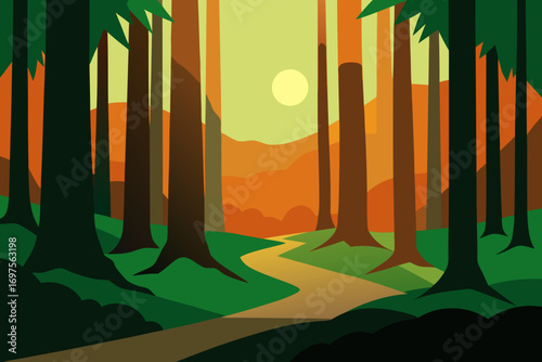 Stylized forest path leading towards a warm sunset over rolling hills