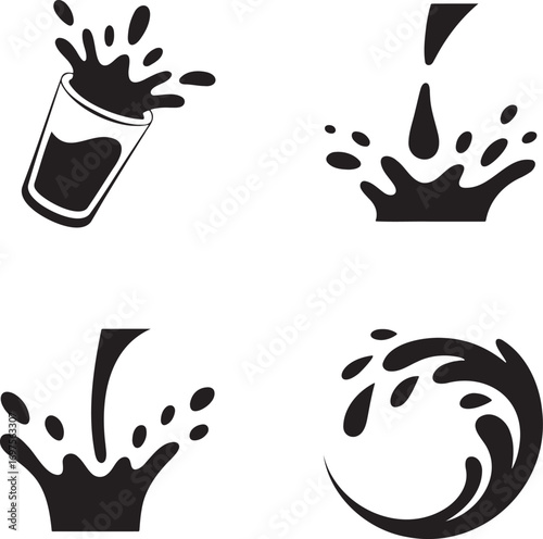Black & White Vector Splash Illustrations – Stylized Liquid Motion in Drink Glasses 