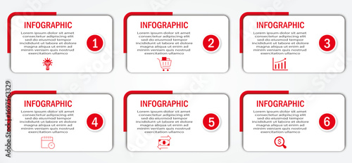 Business progress or process visualization timeline with 6 steps white diagrams with icon | Infographic modern marketing chart | Elegant red border abstract innovation for presentation, report