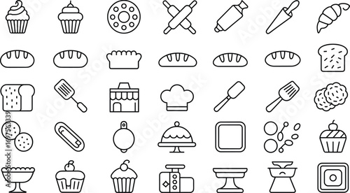 Baking and Pastry Icons Set Cupcake Doughnut Rolling Pin Knife Croissant Bread Cookie Spatula Keywords: baking, pastry, icon, set