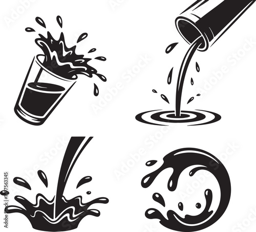 Black & White Vector Splash Illustrations – Stylized Liquid Motion in Drink Glasses 