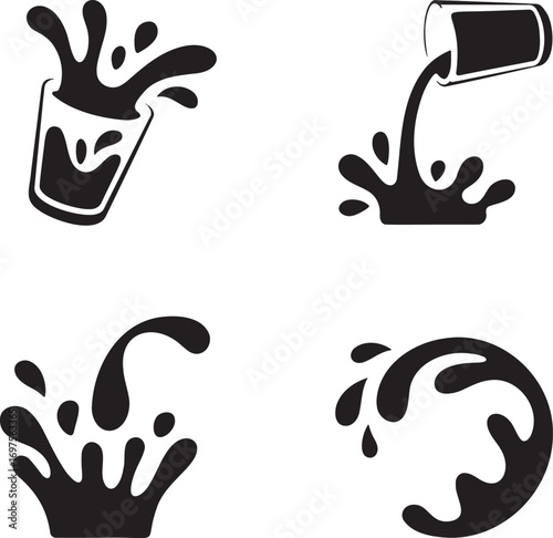Black & White Vector Splash Illustrations – Stylized Liquid Motion in Drink Glasses 