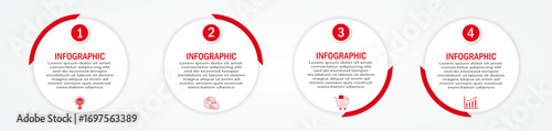 Business infographic with circular white diagram and 90-degree red border | Marketing representation with 4 steps or option with timeline and icon