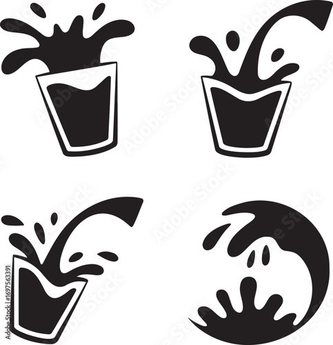 Black & White Vector Splash Illustrations – Stylized Liquid Motion in Drink Glasses 
