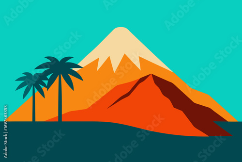 Stylized tropical mountain landscape with palm trees and clear blue sky