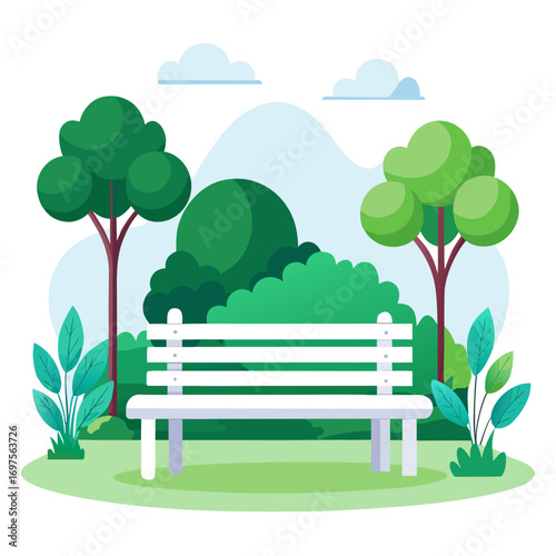 Park Bench Tranquility vector illustration. An inviting park bench nestled amidst lush greenery, offering a serene space for contemplation and relaxation.