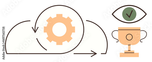 Gear inside a cloud with arrows indicating process flow, eye with a checkmark for evaluation, and a trophy for achievement. Ideal for innovation, teamwork, analytics, automation, evaluation, success